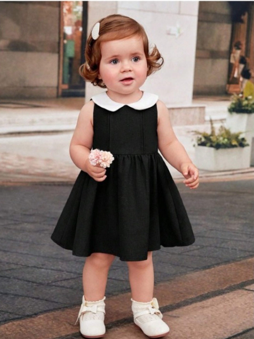 

LYTIX Girls Peter Pan Collar Ruffled Cotton Fit & Flare Dress, Black