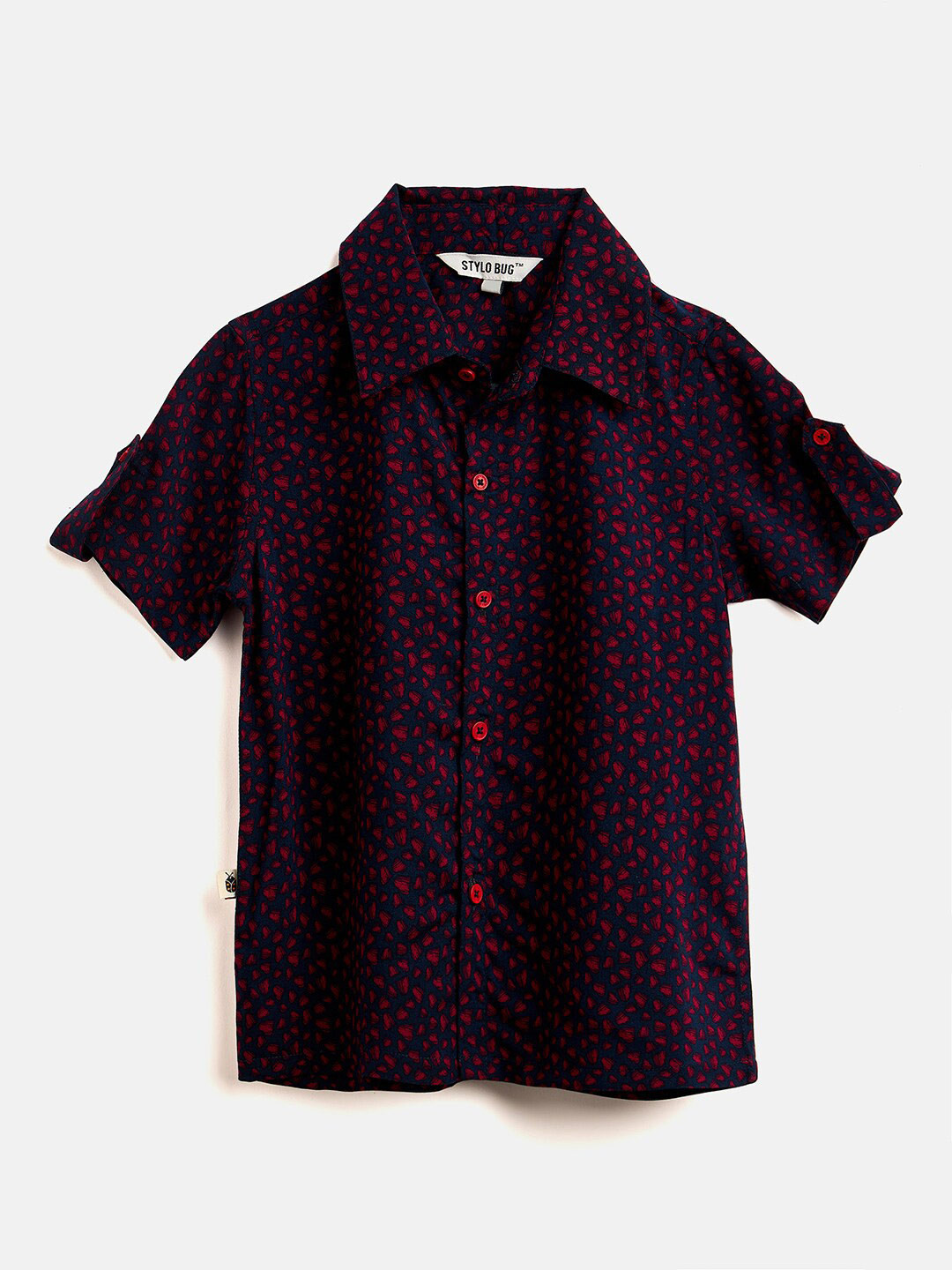 

Stylo Bug Boys Slim Fit Abstract Roll-Up Sleeves Cotton Casual Shirt, Navy blue