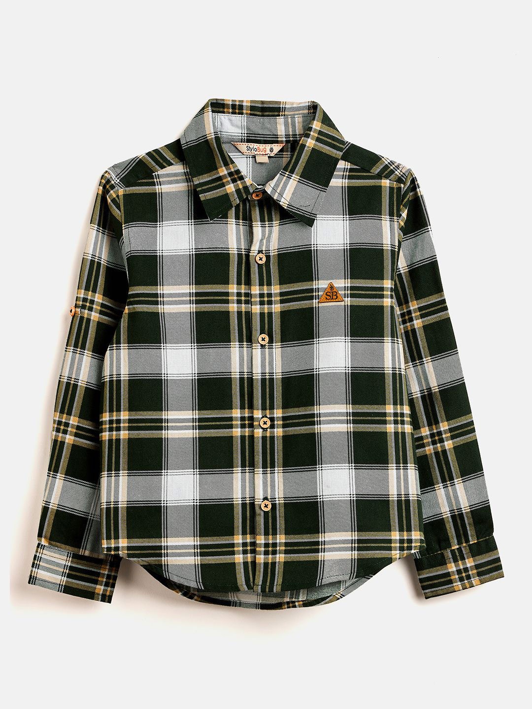 

Stylo Bug Boys Slim Fit Tartan Checks Roll-Up Sleeves Cotton Casual Shirt, Green
