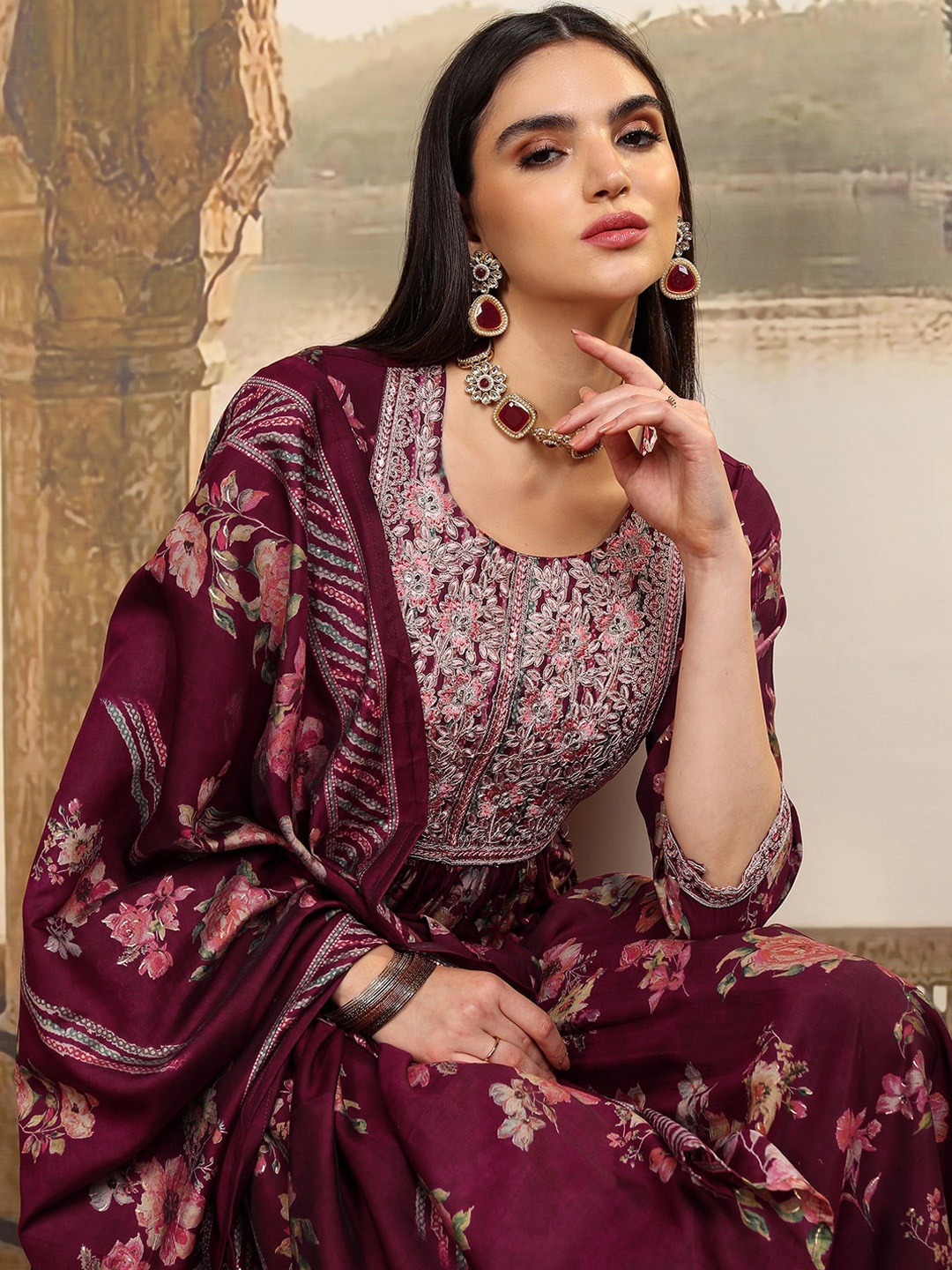 

Vishudh Women Floral Embroidered Pleated Pure Cotton Kurta with Trousers & With Dupatta, Maroon