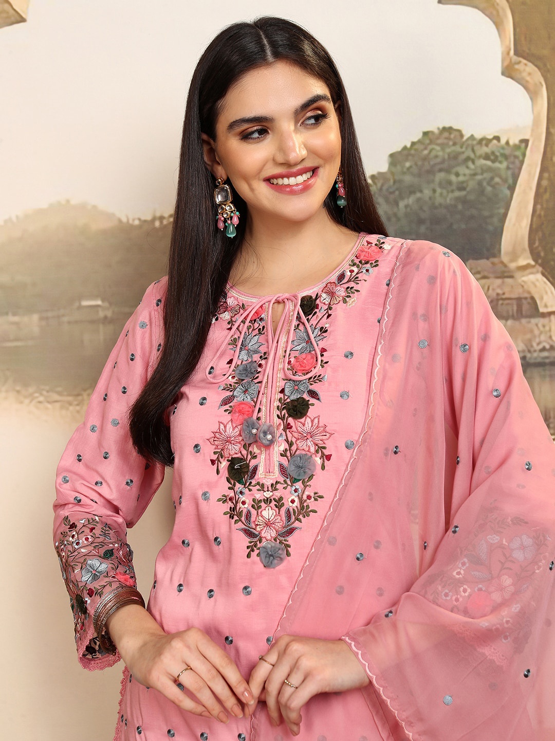 

Vishudh Women Ethnic Motifs Embroidered Pure Cotton Kurta with Sharara & With Dupatta, Pink