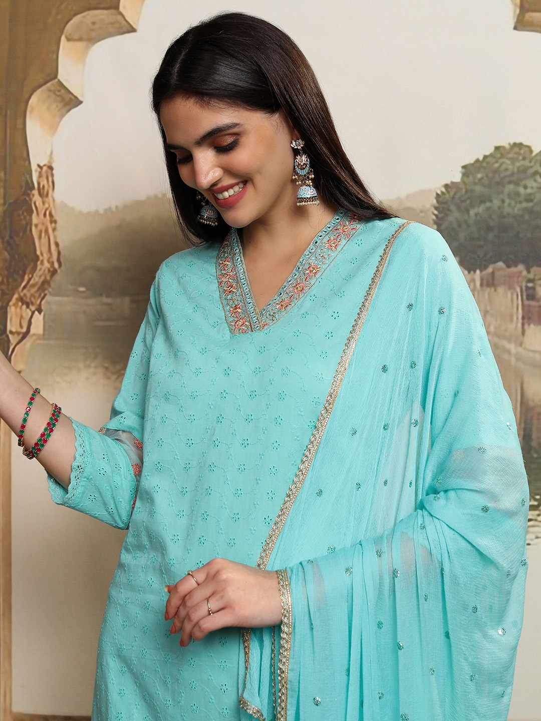 

Vishudh Women Ethnic Motifs Embroidered Thread Work Kurta with Trousers & With Dupatta, Blue