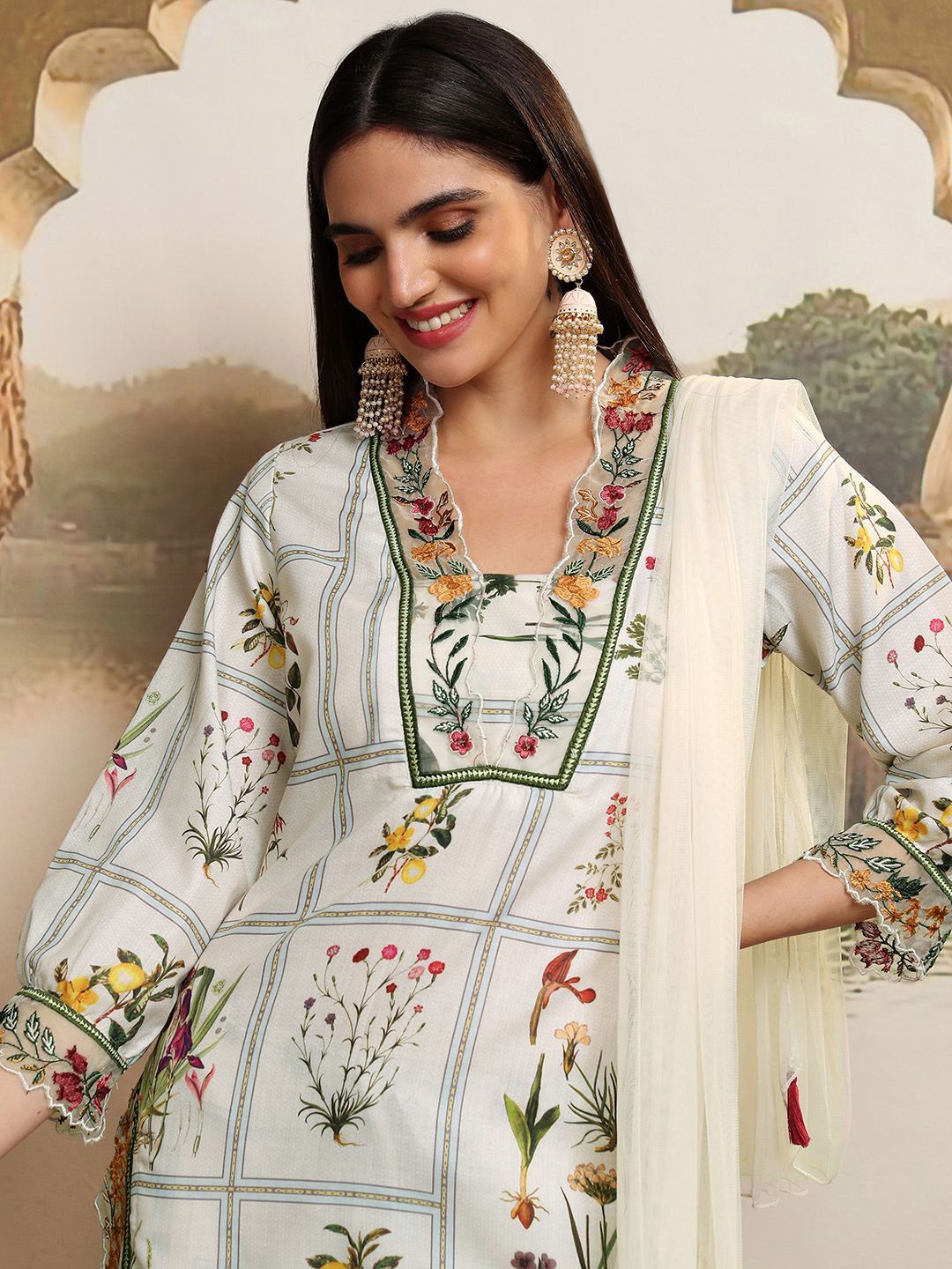 

Vishudh Women Floral Printed Regular Pure Cotton Kurta Trousers & Dupatta, Cream