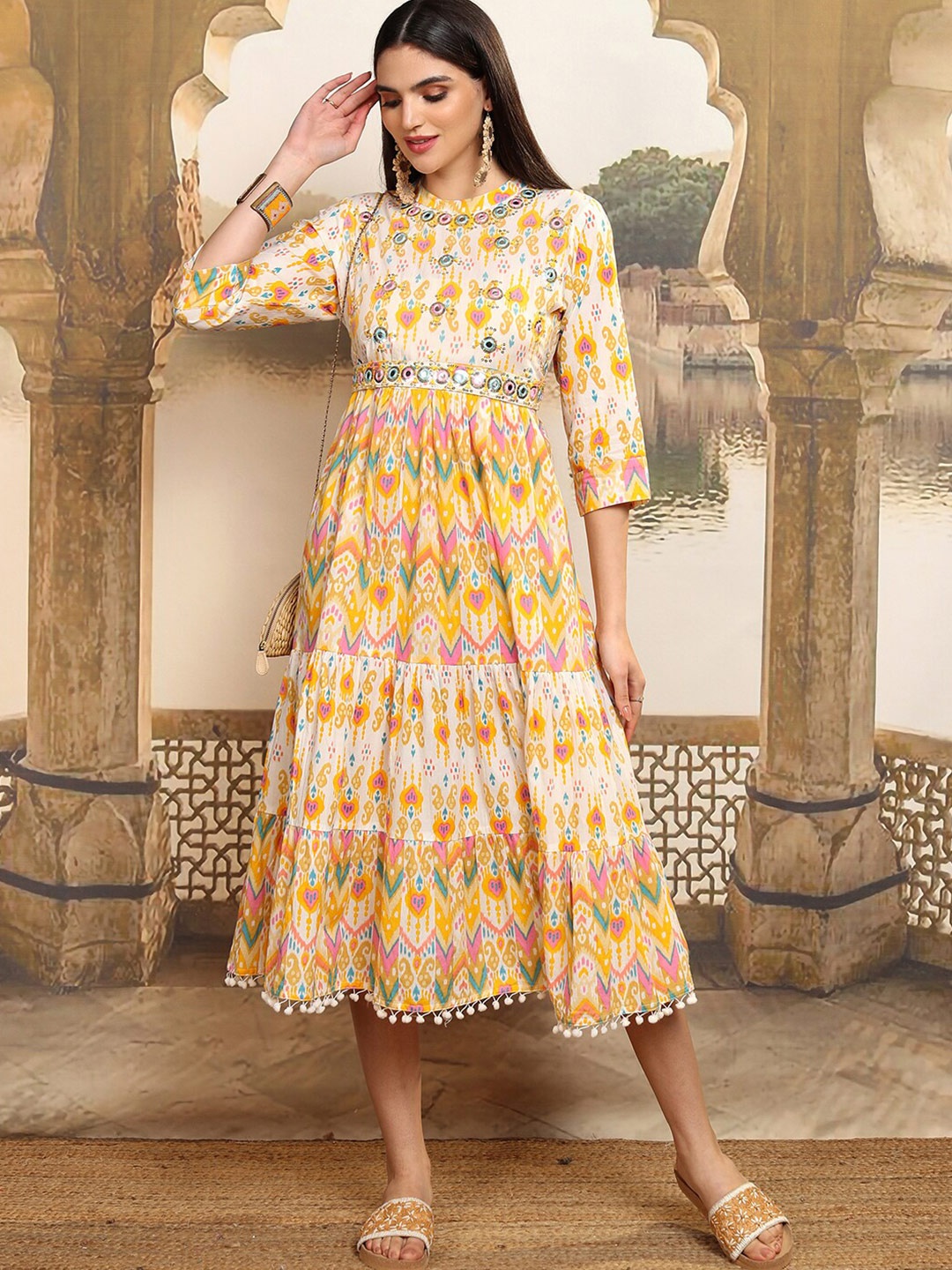 

Vishudh Floral Print A-Line Midi Dress, Yellow