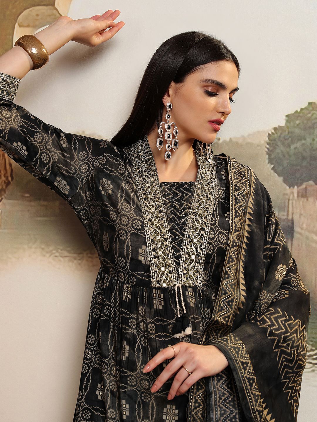 

Vishudh Women Ethnic Motifs Printed Regular Pure Cotton Kurta with Trousers & With Dupatta, Black