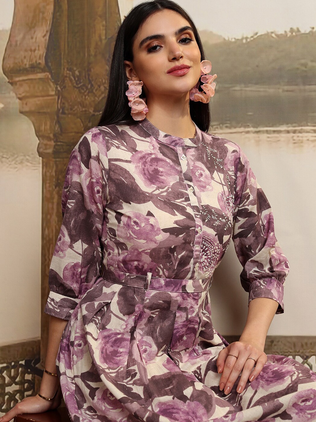 

Vishudh Floral Print Puff Sleeve Fit & Flare Midi Dress, Magenta