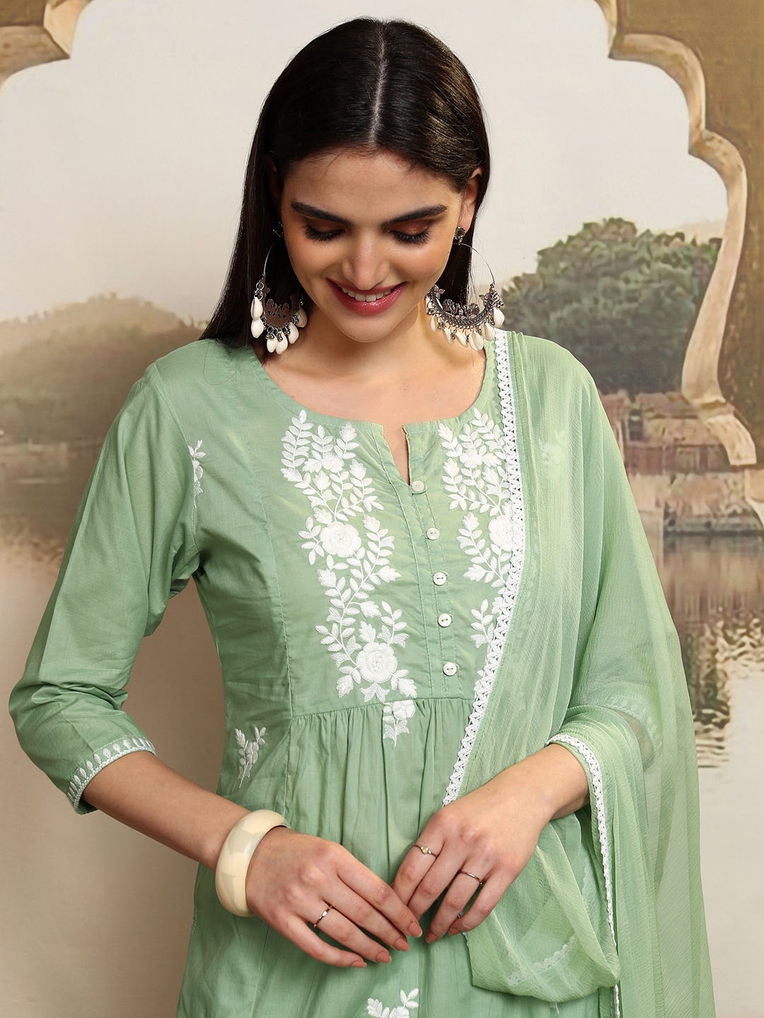 

Vishudh Women Embroidered Regular Pure Cotton Kurta with Trousers & With Dupatta, Green