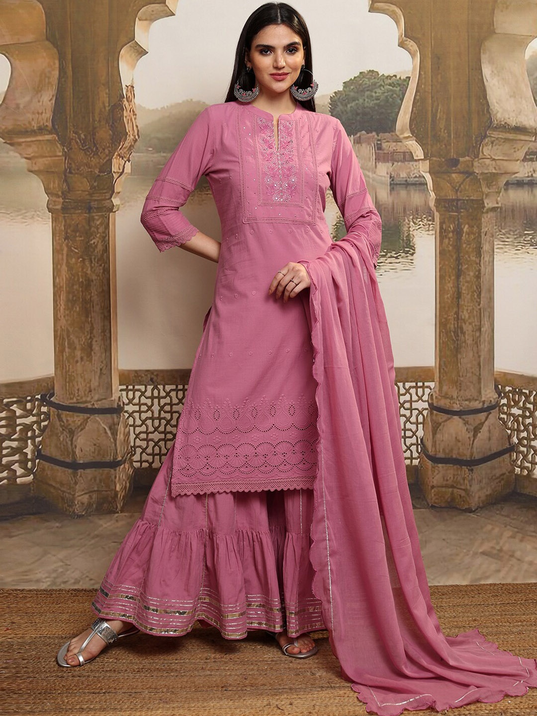 

Vishudh Women Ethnic Motifs Embroidered Pure Cotton Kurta with Sharara & With Dupatta, Rose
