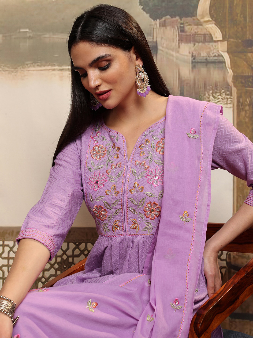 

Vishudh Women Embroidered Regular Pure Cotton Kurta with Trousers & With Dupatta, Lavender