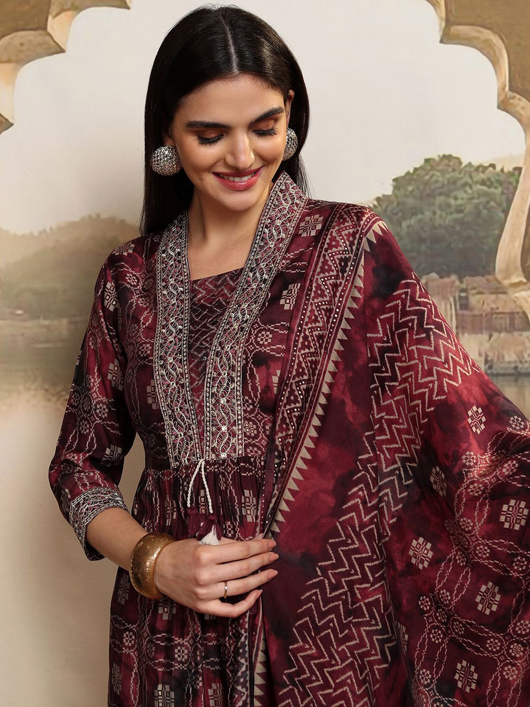 

Vishudh Women Ethnic Motifs Printed Regular Pure Cotton Kurta with Trousers & With Dupatta, Maroon