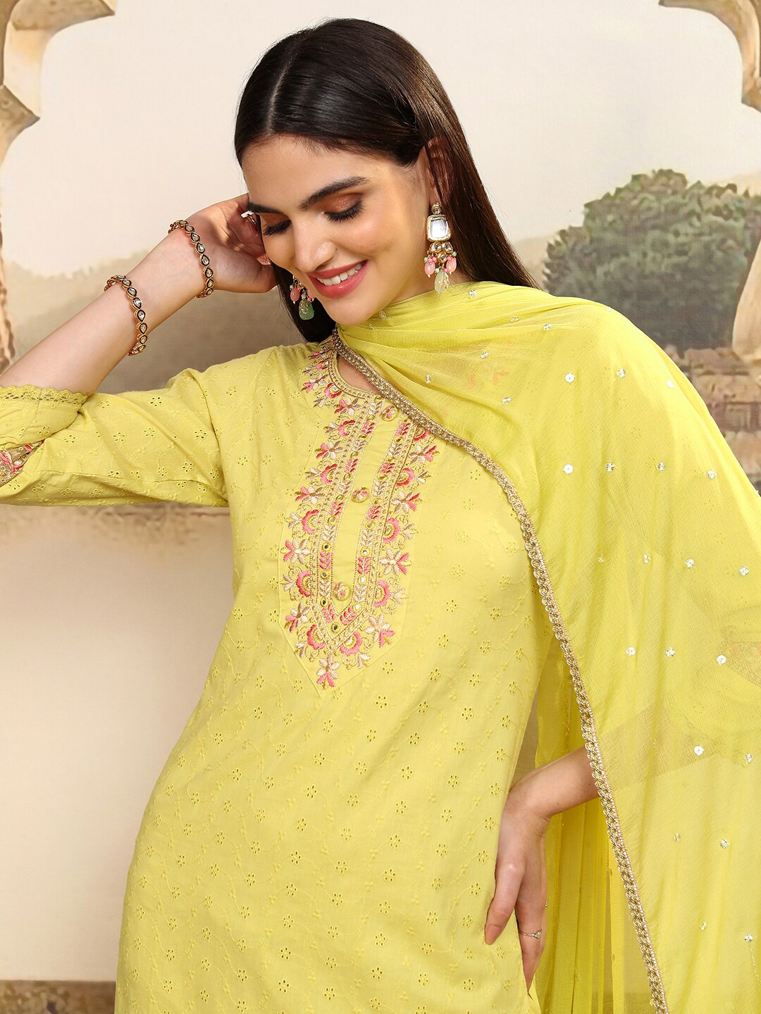 Vishudh Women Floral Embroidered Pure Cotton Kurta with Trousers & With Dupatta, Yellow