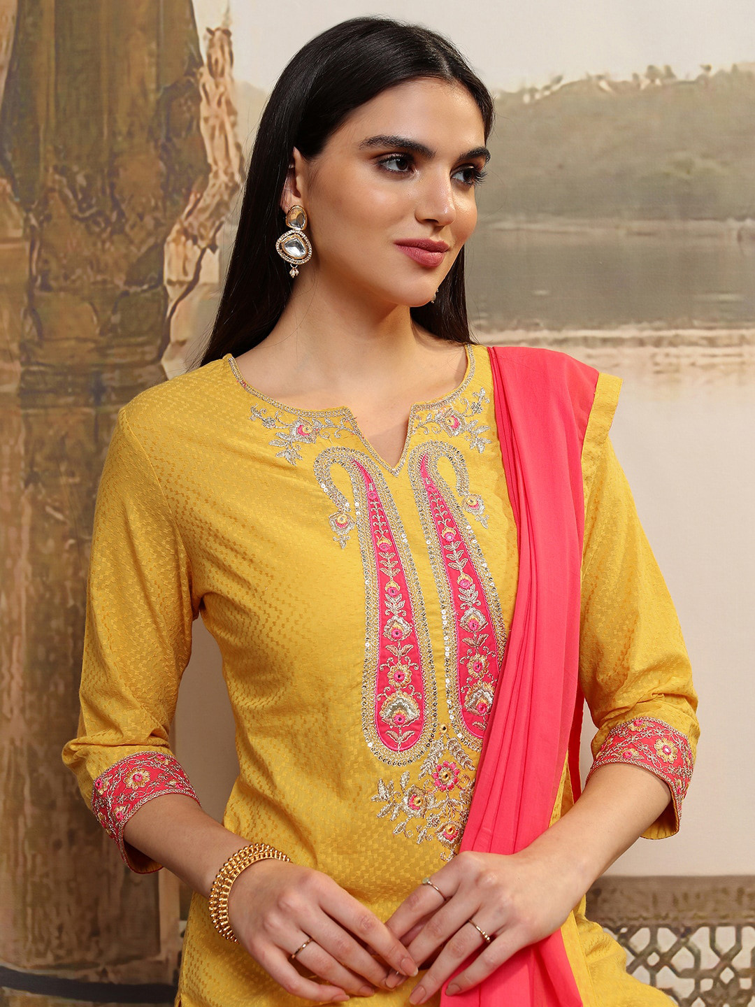 

Vishudh Women Floral Embroidered Regular Pure Cotton Kurta with Trousers & With Dupatta, Mustard