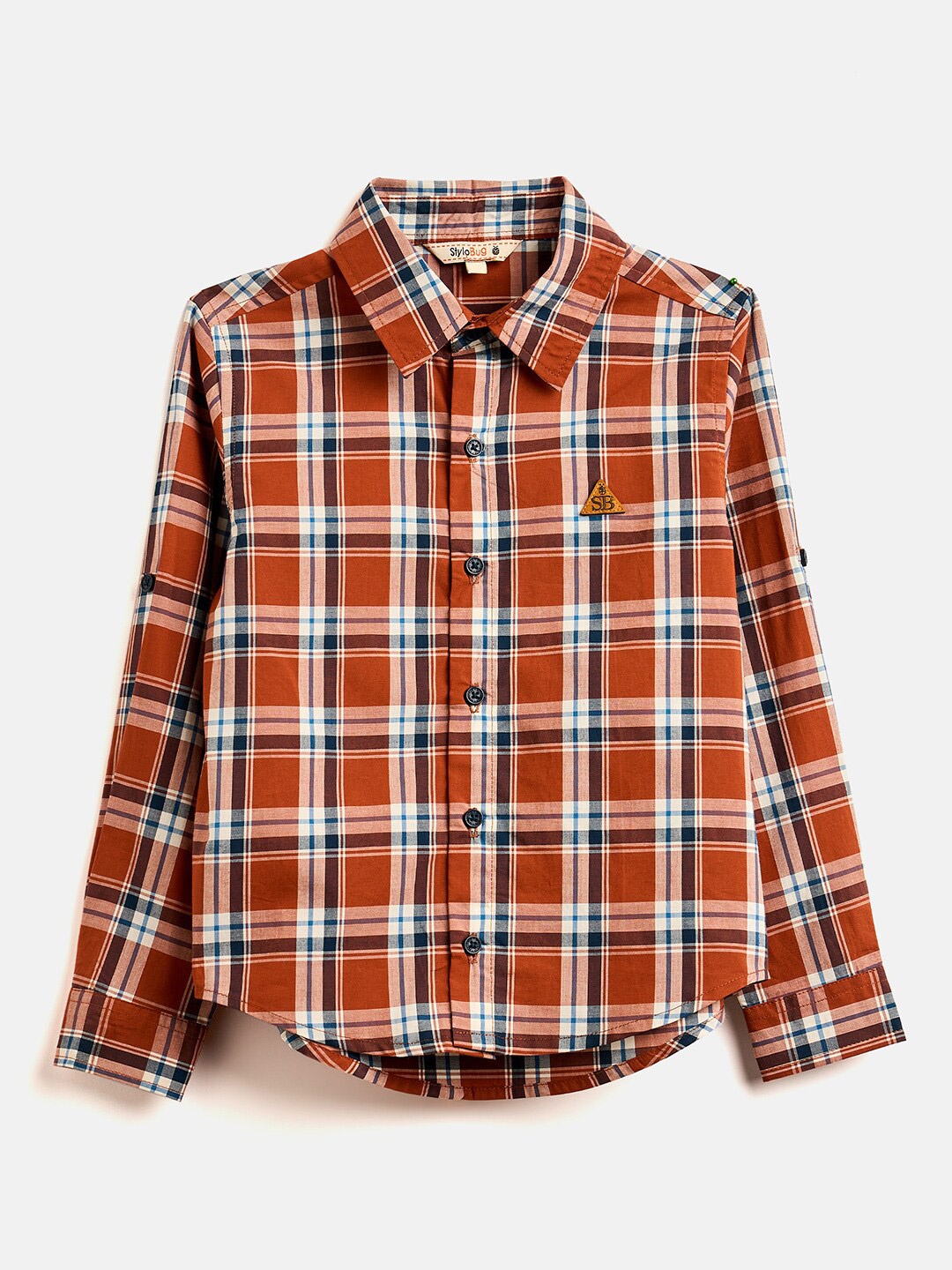 

Stylo Bug Boys Slim Fit Tartan Checks Roll-Up Sleeves Cotton Casual Shirt, Rust