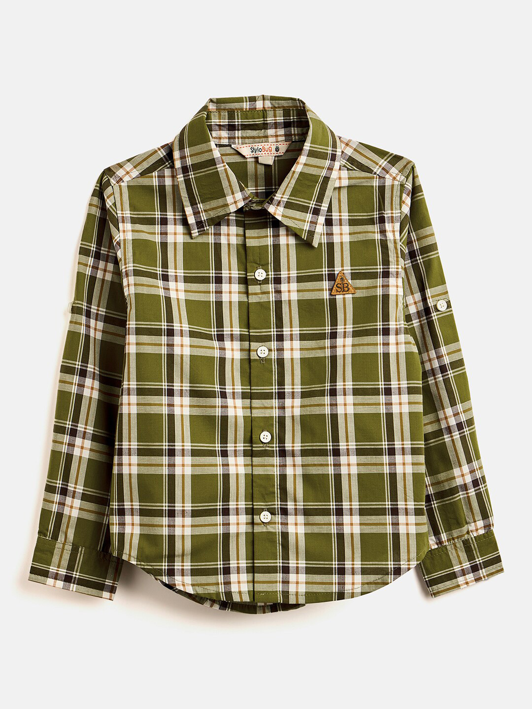 

Stylo Bug Boys Slim Fit Tartan Checks Roll-Up Sleeves Cotton Casual Shirt, Green