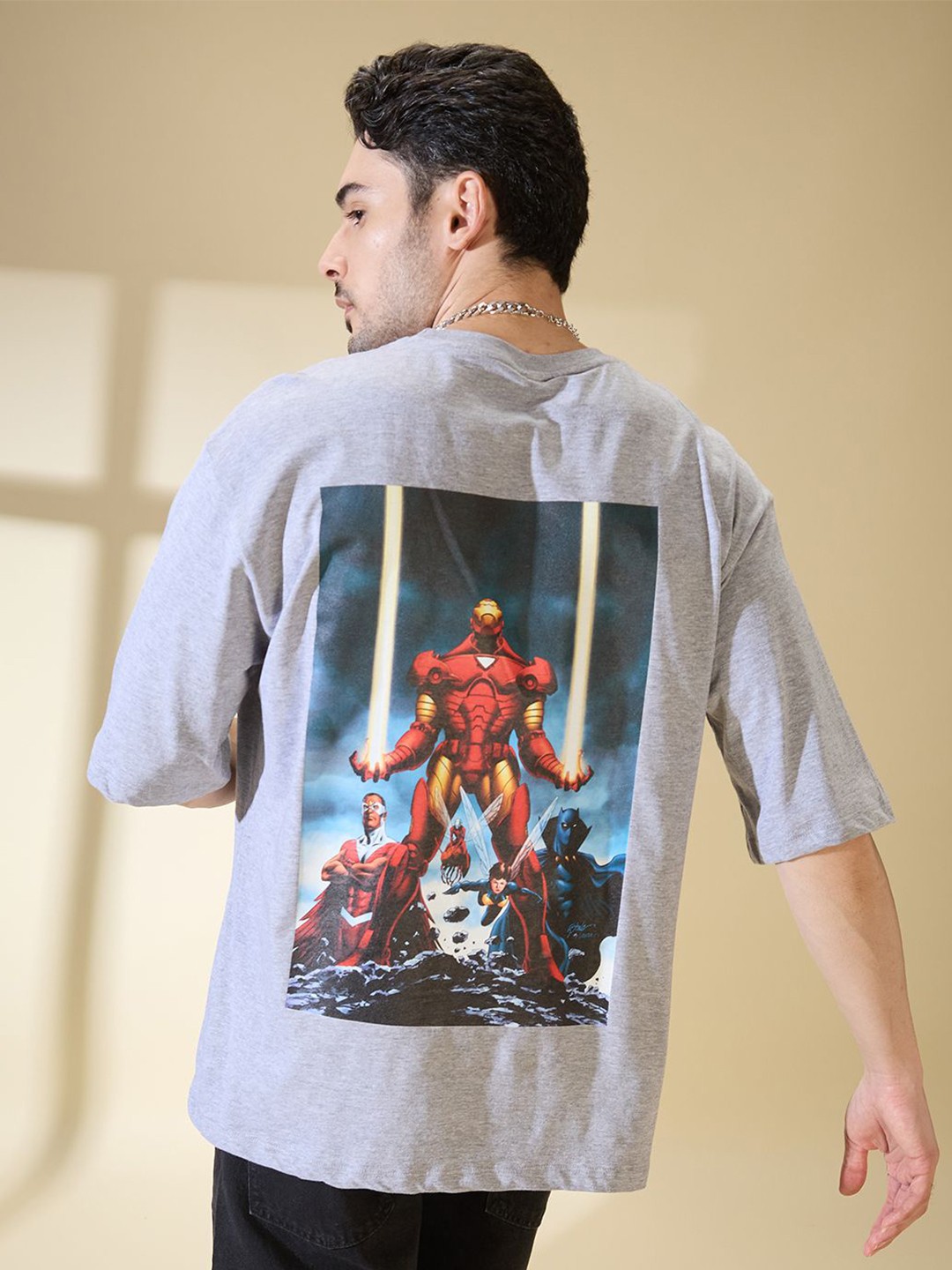 

Kook N Keech Marvel Men Graphic Printed Oversized T-shirt, Grey melange