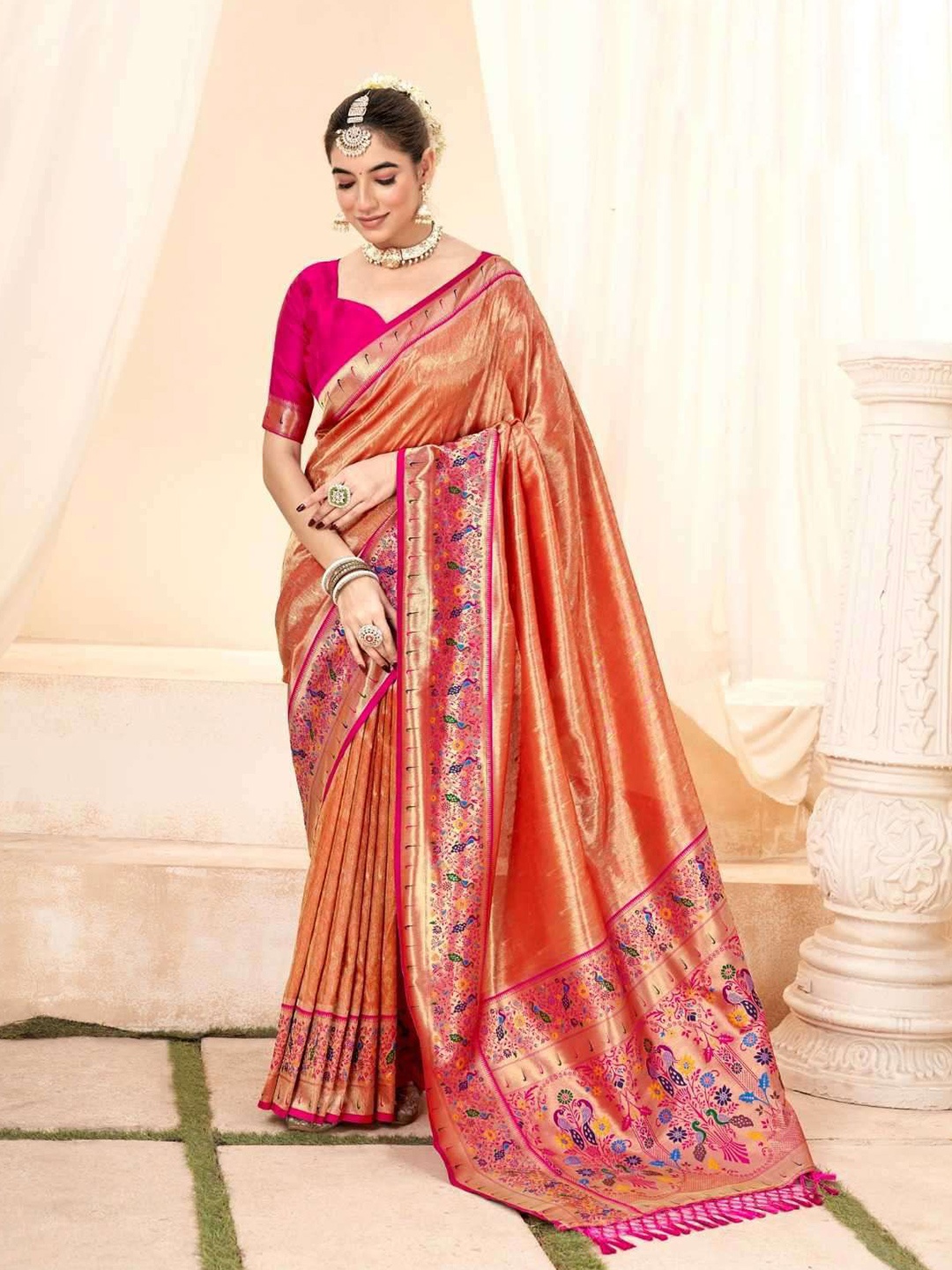 

Mitera Floral Zari Silk Blend Paithani Saree, Orange