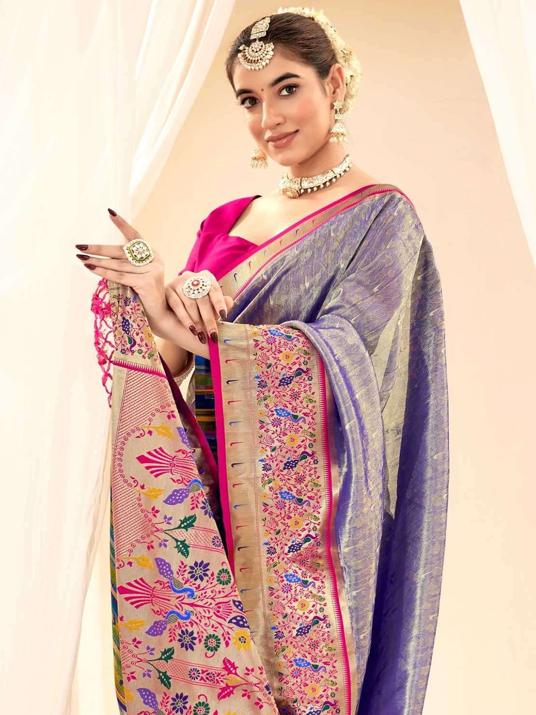 

Mitera Zari Silk Blend Paithani Saree, Navy blue