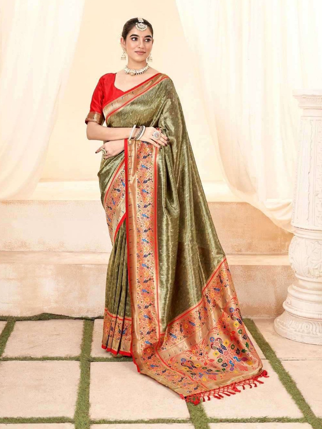 

Mitera Floral Zari Silk Blend Paithani Saree, Olive