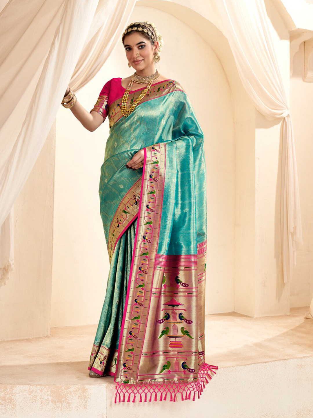 

Mitera Woven Design Zari Silk Blend Paithani Saree, Turquoise blue