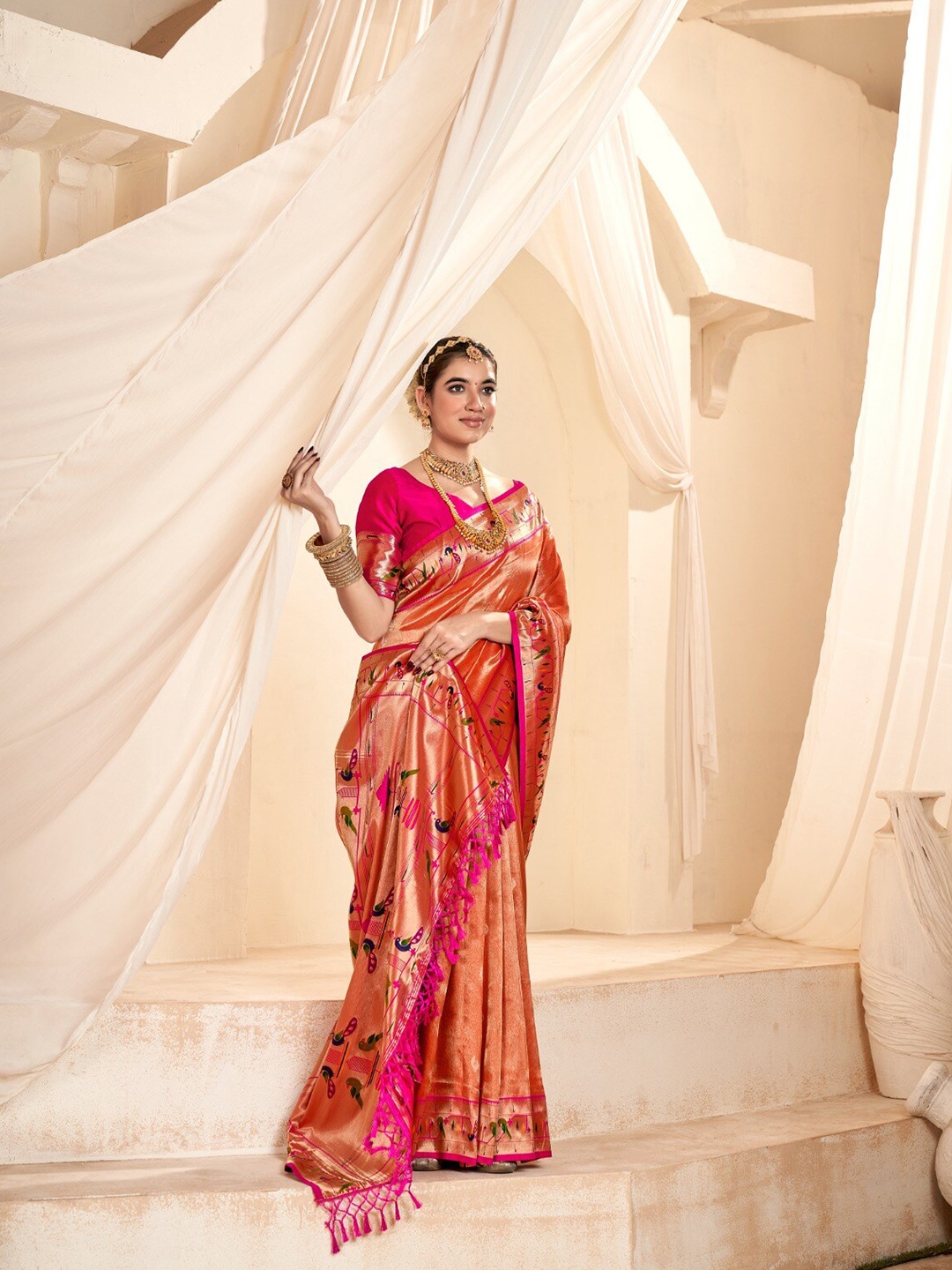 

Mitera Floral Zari Silk Blend Paithani Saree, Orange
