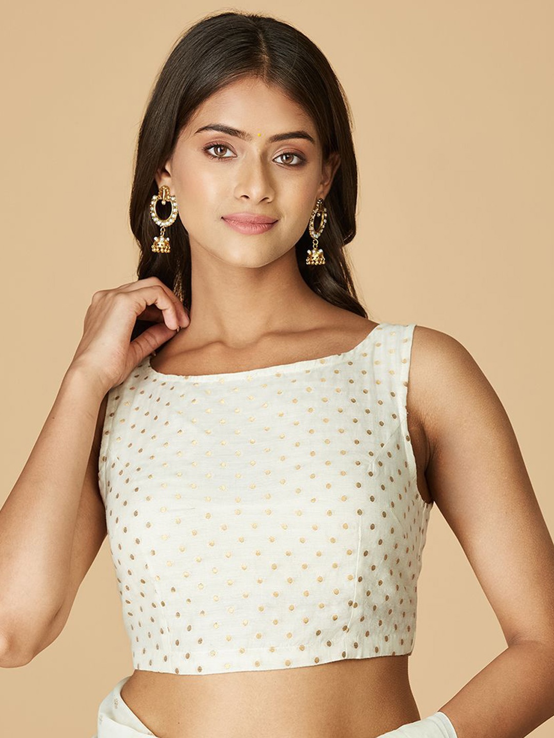 

Fabindia Geometric Boat Neck Saree Blouse, Beige