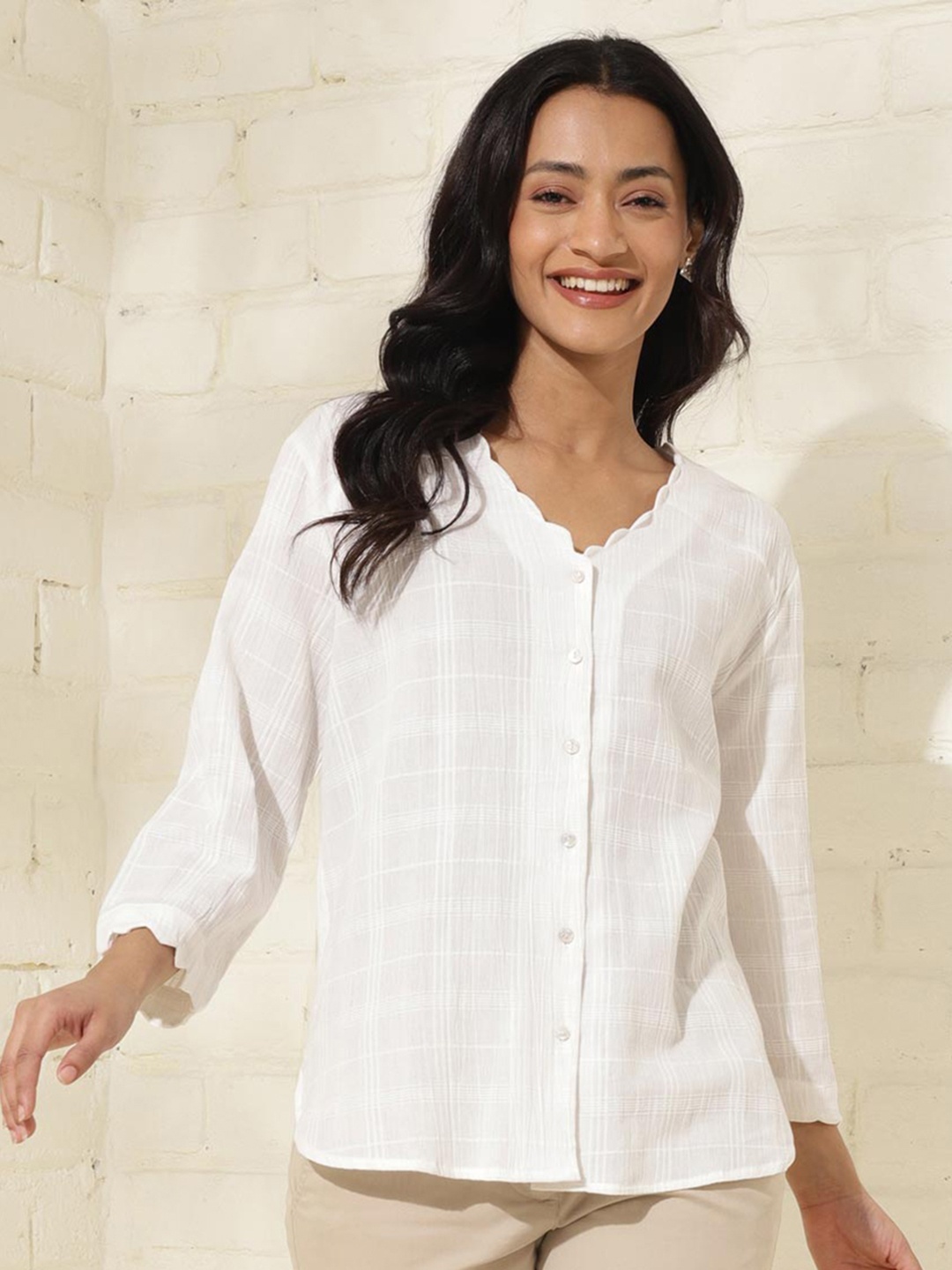 

Fabindia Checked V-neck Tunic, White