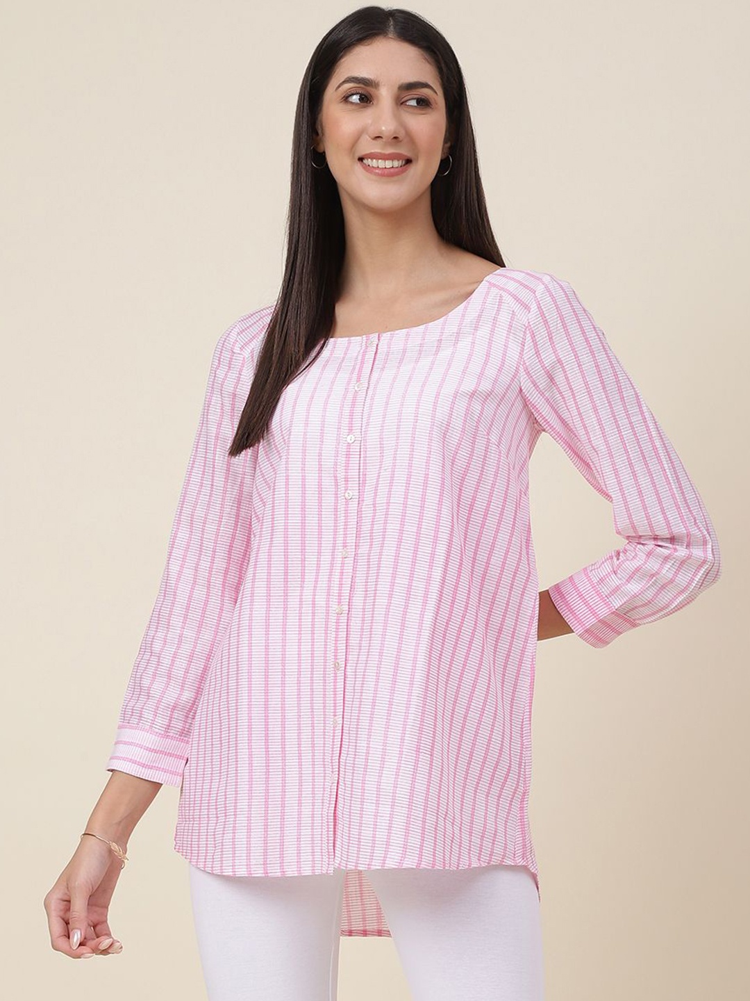 

Fabindia Striped Cotton Round Neck Long Sleeves Tunic, Pink