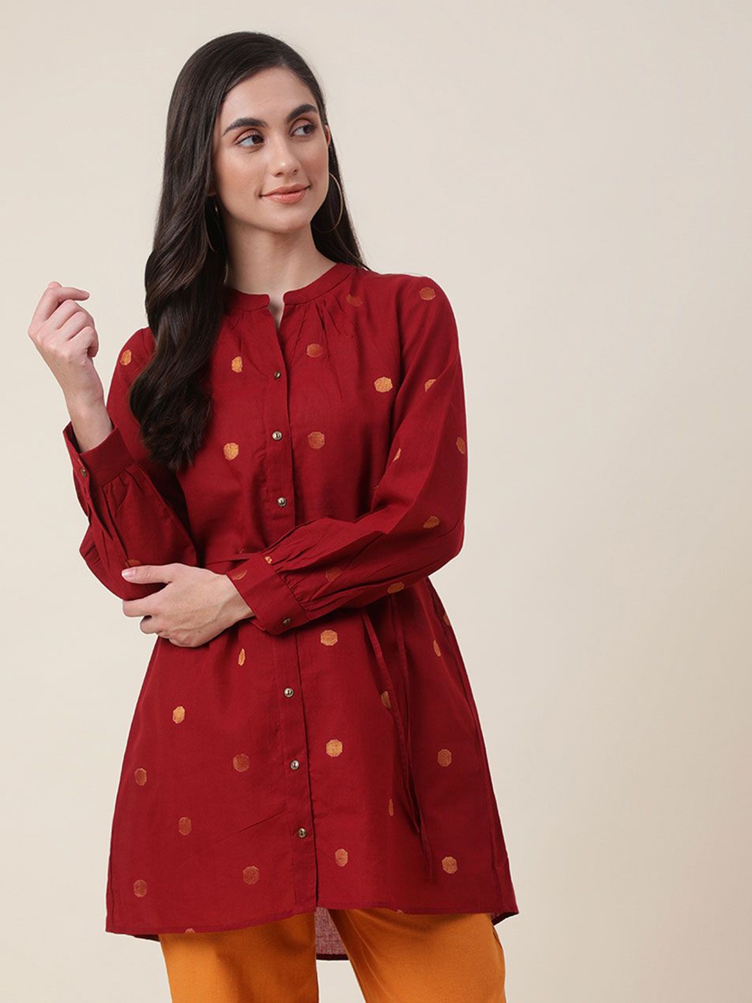 

Fabindia Mandarin Collar Ethnic Print Tunic, Maroon