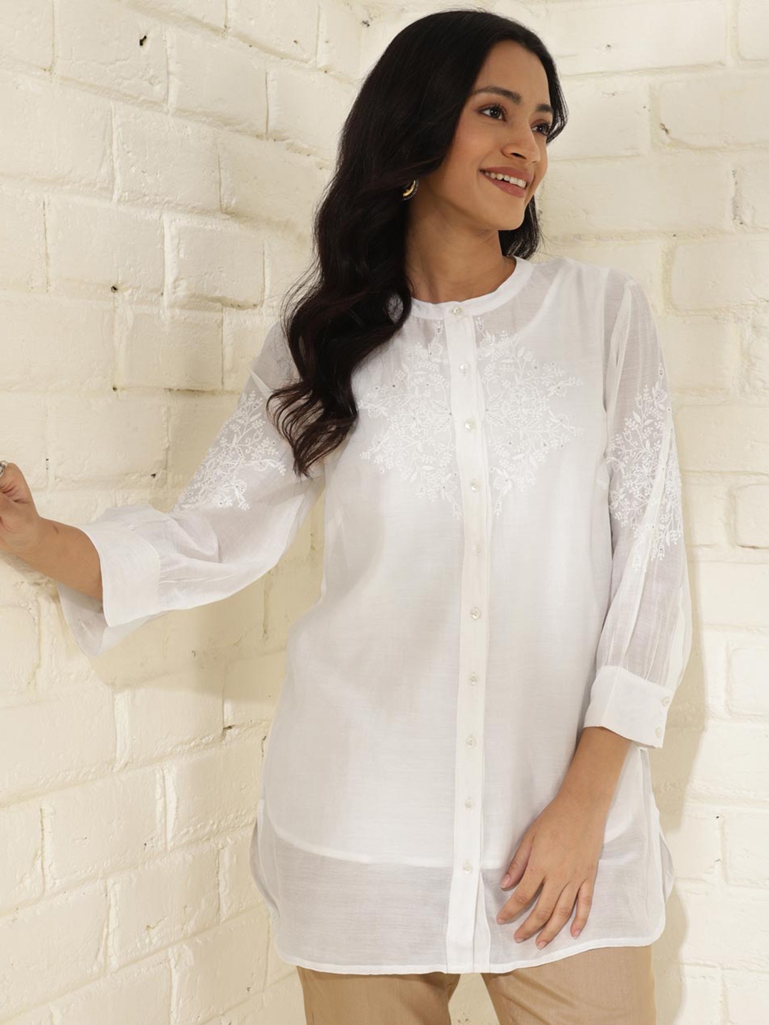 

Fabindia Embroidered Mandarin Collar Tunic, White