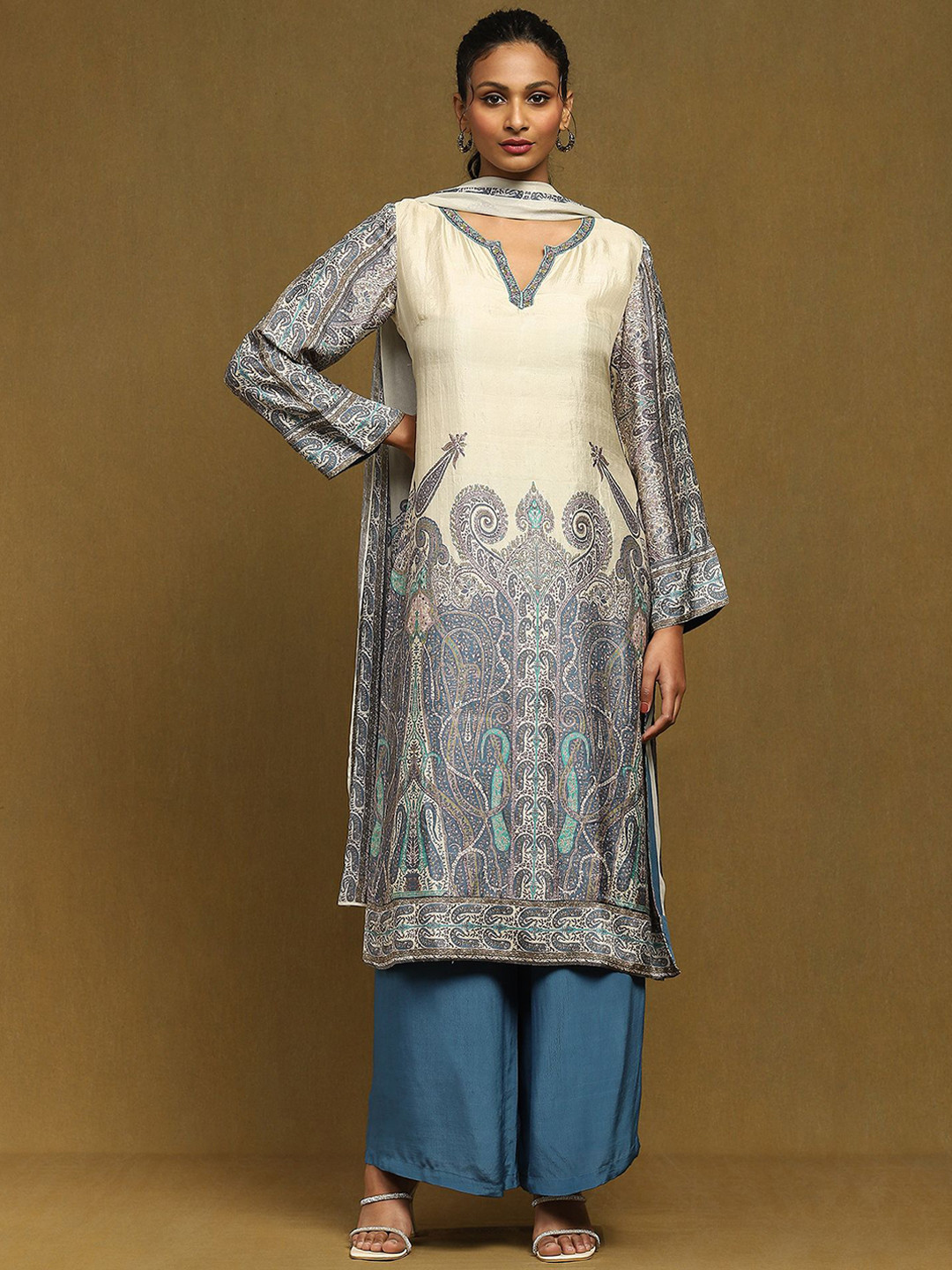 

Ritu Kumar Women Paisley Printed Regular Pure Silk Kurta with Trousers & With Dupatta, Off white