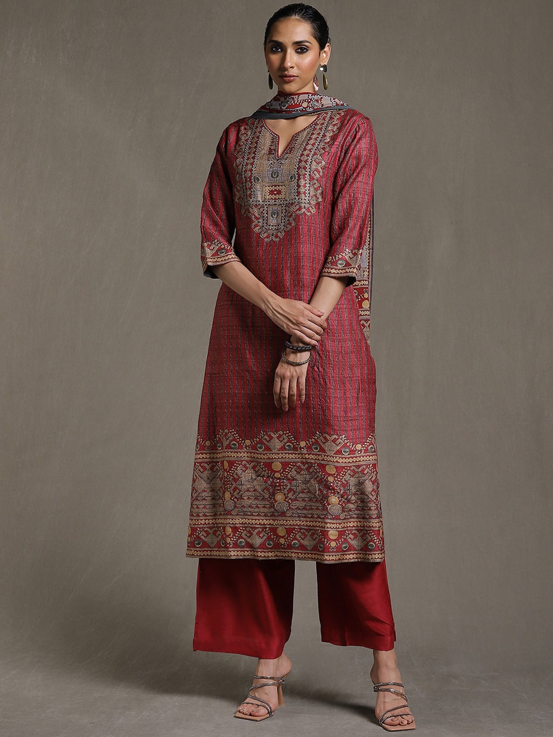

Ritu Kumar Women Striped Printed Regular Pure Silk Kurta with Trousers & With Dupatta, Blue