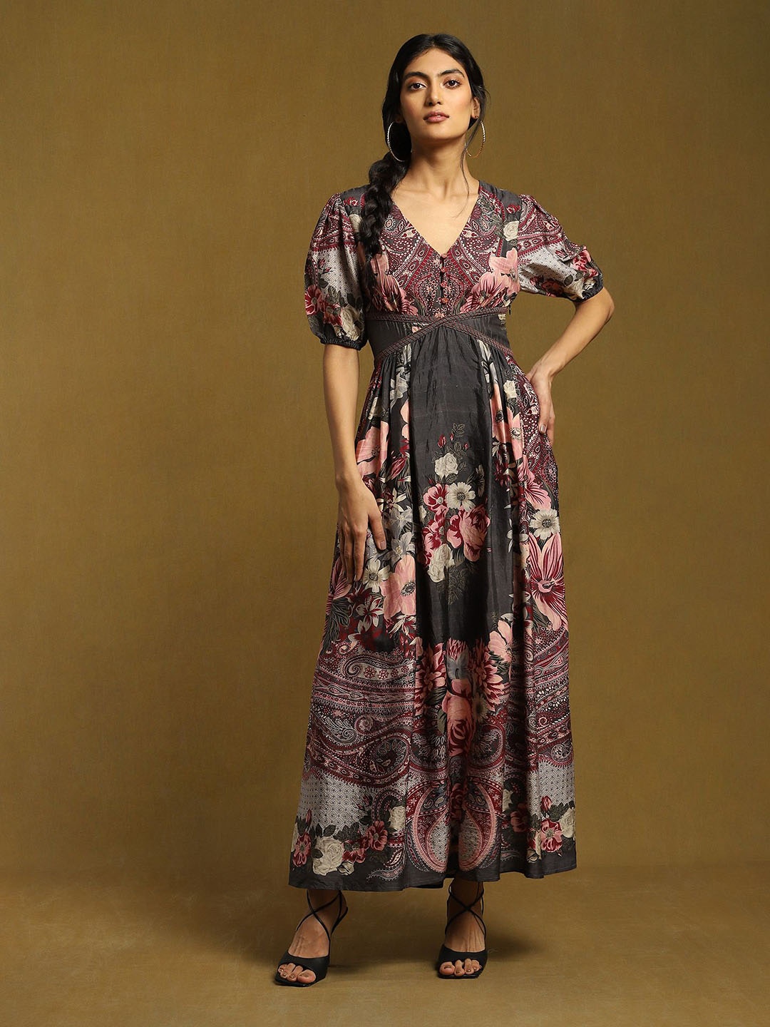 

Ritu Kumar Floral Print Puff Sleeve Maxi Dress, Black