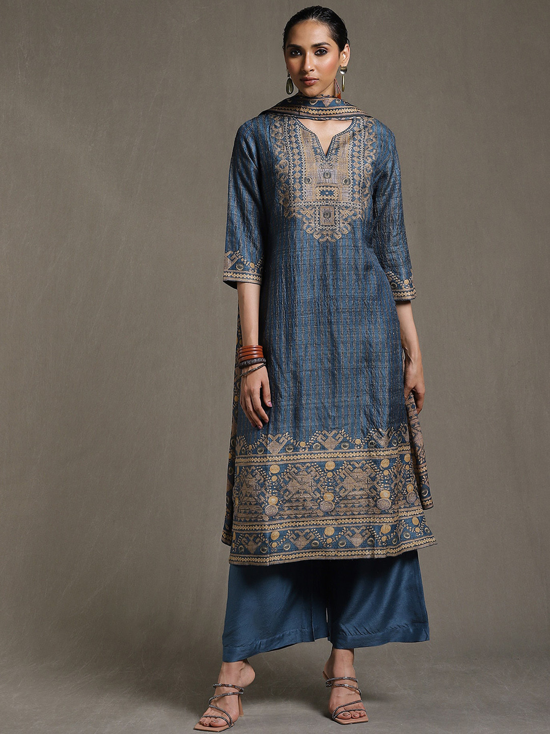 

Ritu Kumar Women Regular Pure Silk Kurta with Palazzos & With Dupatta, Blue