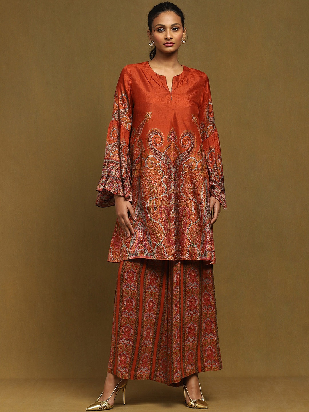 

Ritu Kumar Women Ethnic Motifs Printed Regular Kurta with Palazzos, Rust
