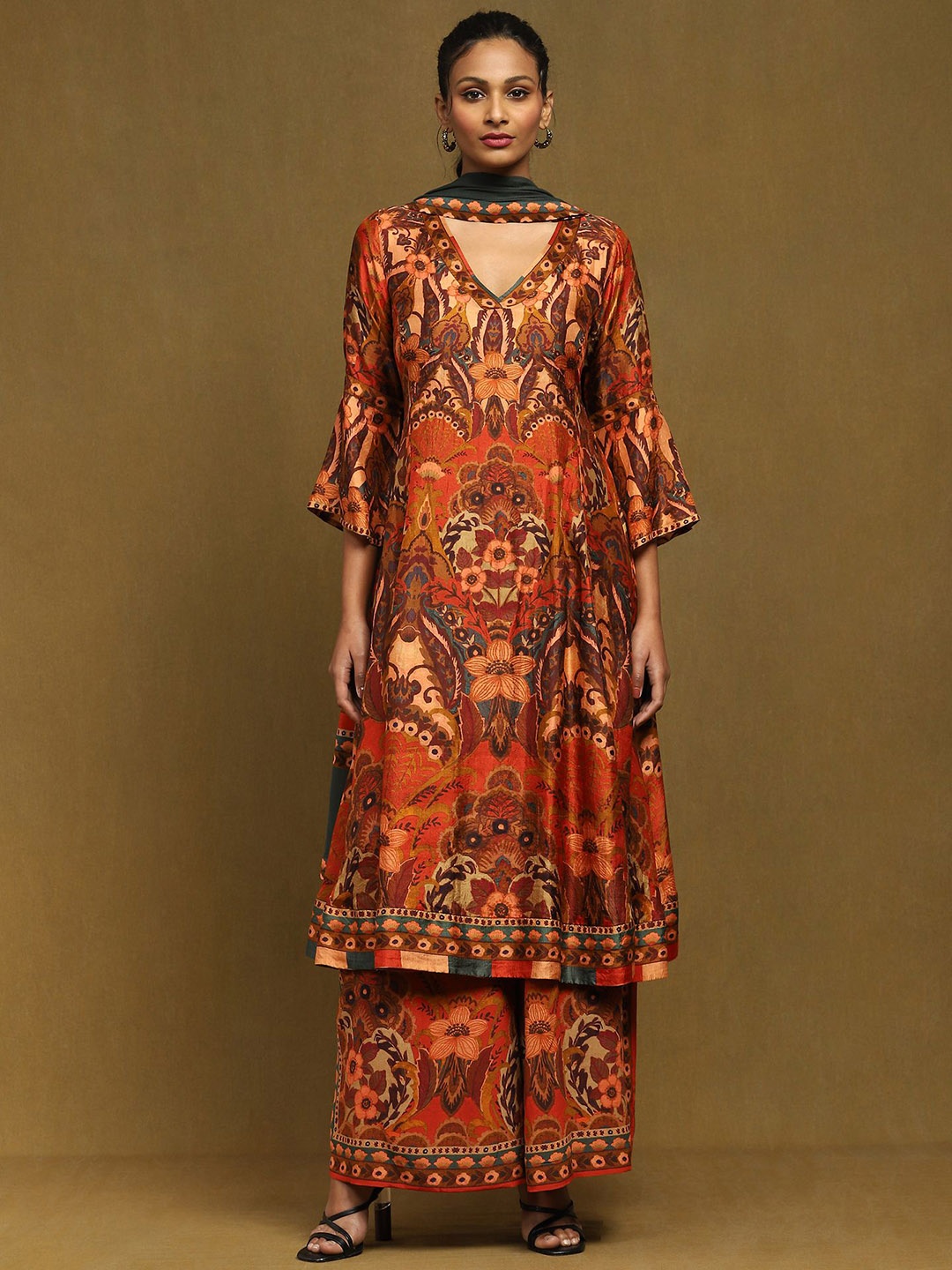 

Ritu Kumar Women Ethnic Motifs Printed Regular Kurta with Palazzos & With Dupatta, Rust