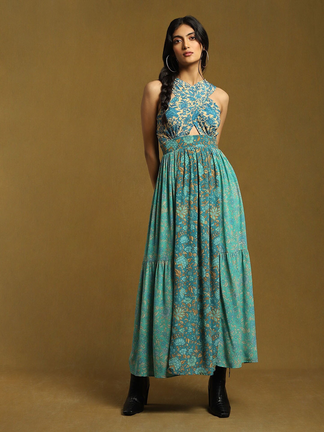 

Ritu Kumar Floral Print Crepe Maxi Dress, Turquoise blue