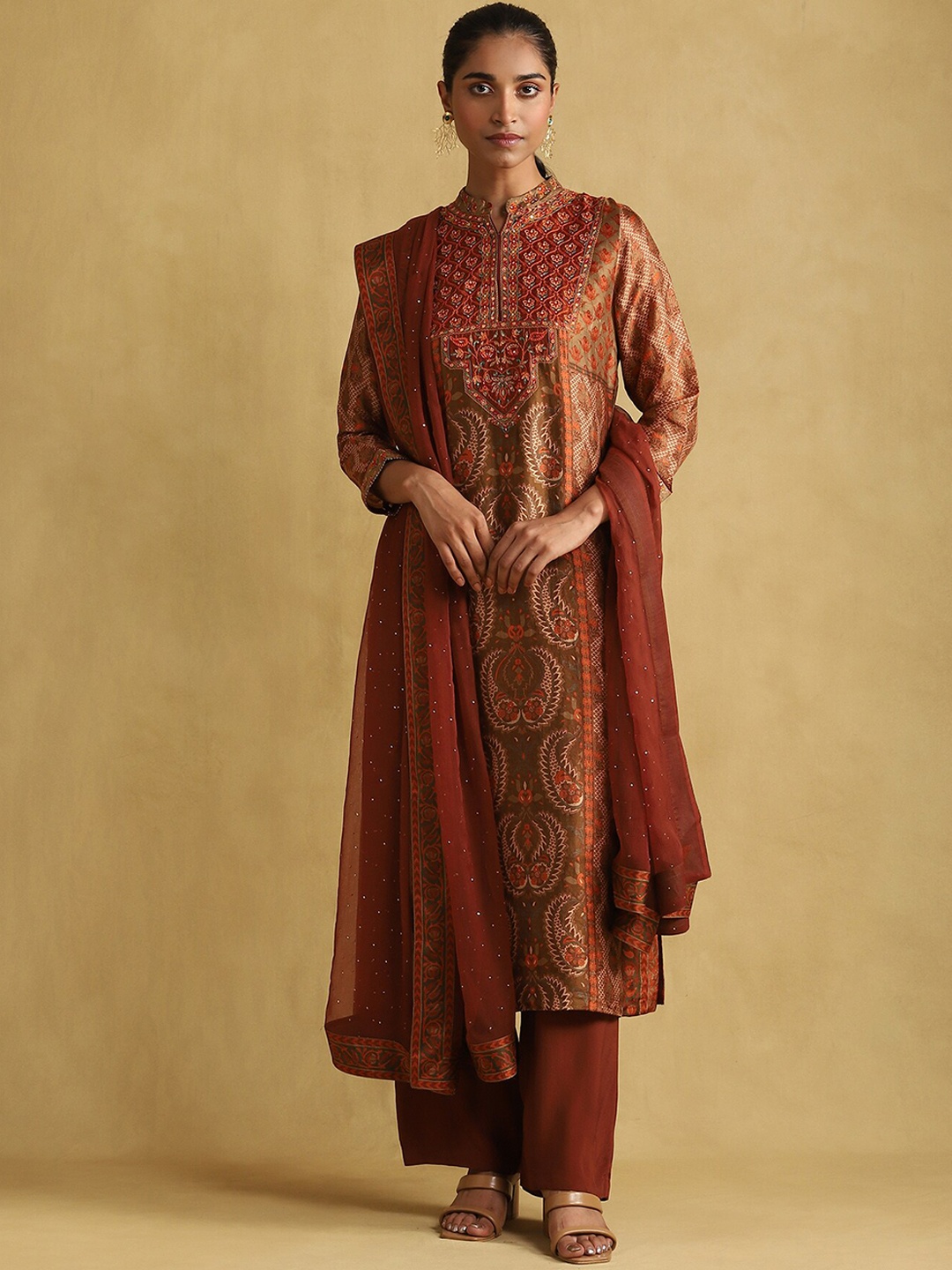 

Ritu Kumar Women Paisley Printed Regular Pure Silk Kurta with Trousers & With Dupatta, Rust