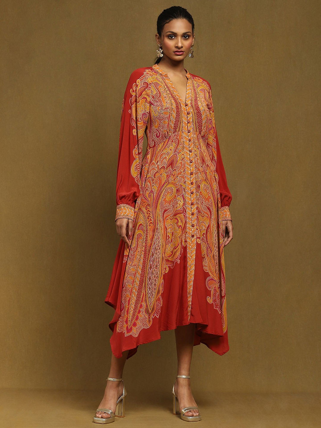 

Ritu Kumar Ethnic Motifs Print Crepe A-Line Midi Dress, Red