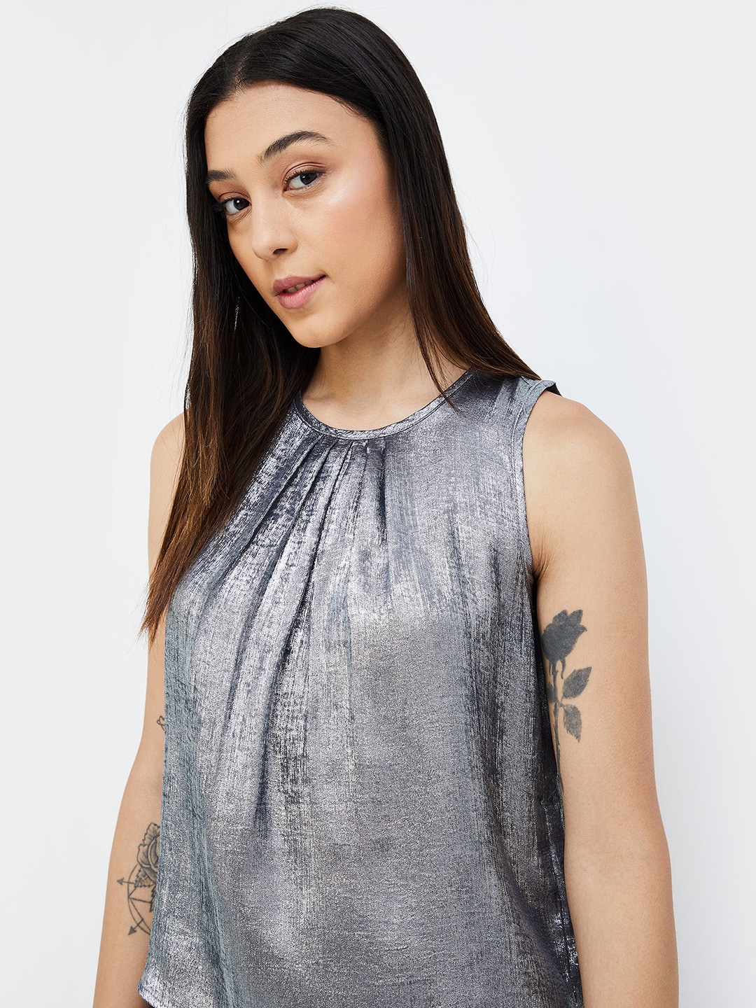 

CODE by Lifestyle Solid Embellished Sleeveless Top, Silver