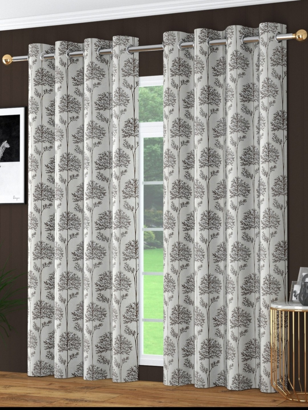 AaHo Decor Brown & White Set of 2 Floral Room Darkening Long Door Curtain