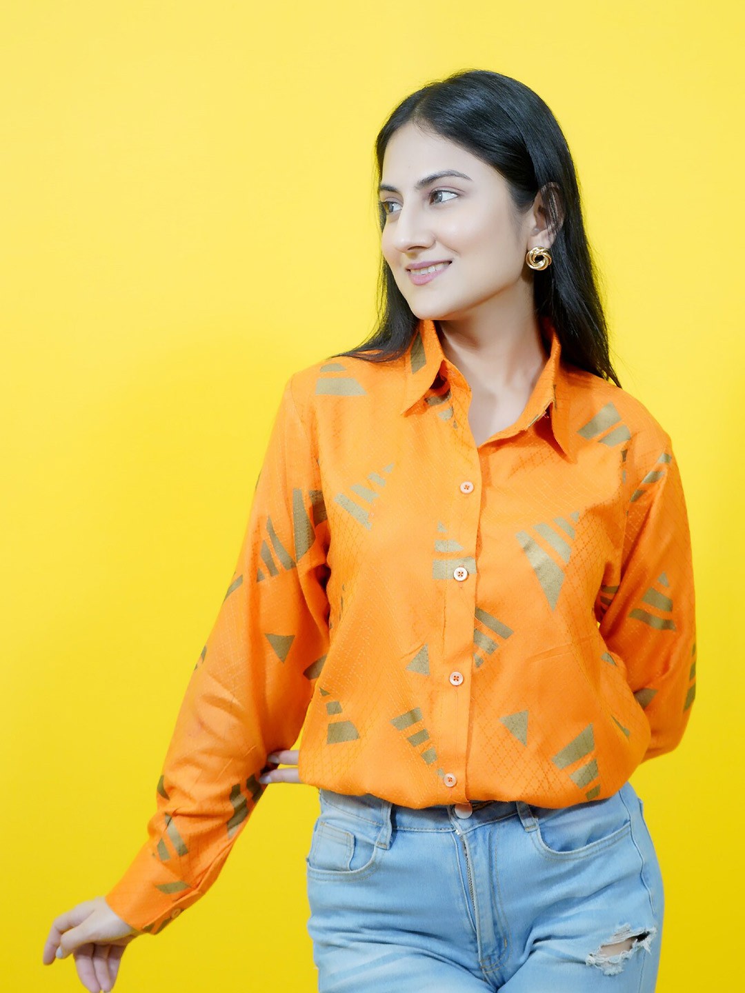

CRAZEVILLA Standard Abstract Printed Spread Collar Long Sleeves Party Shirt, Orange