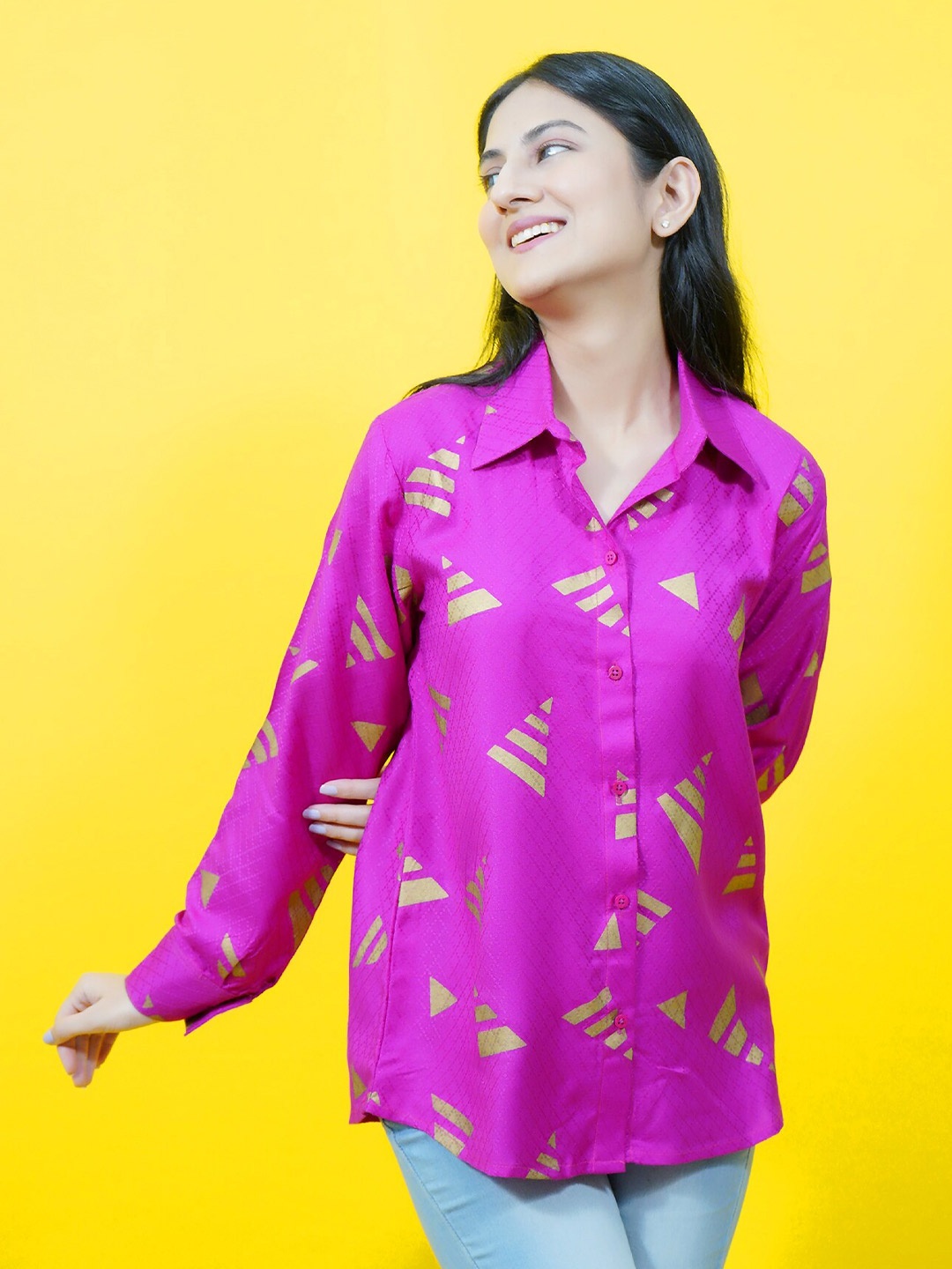 

CRAZEVILLA Standard Abstract Printed Spread Collar Long Sleeves Party Shirt, Pink