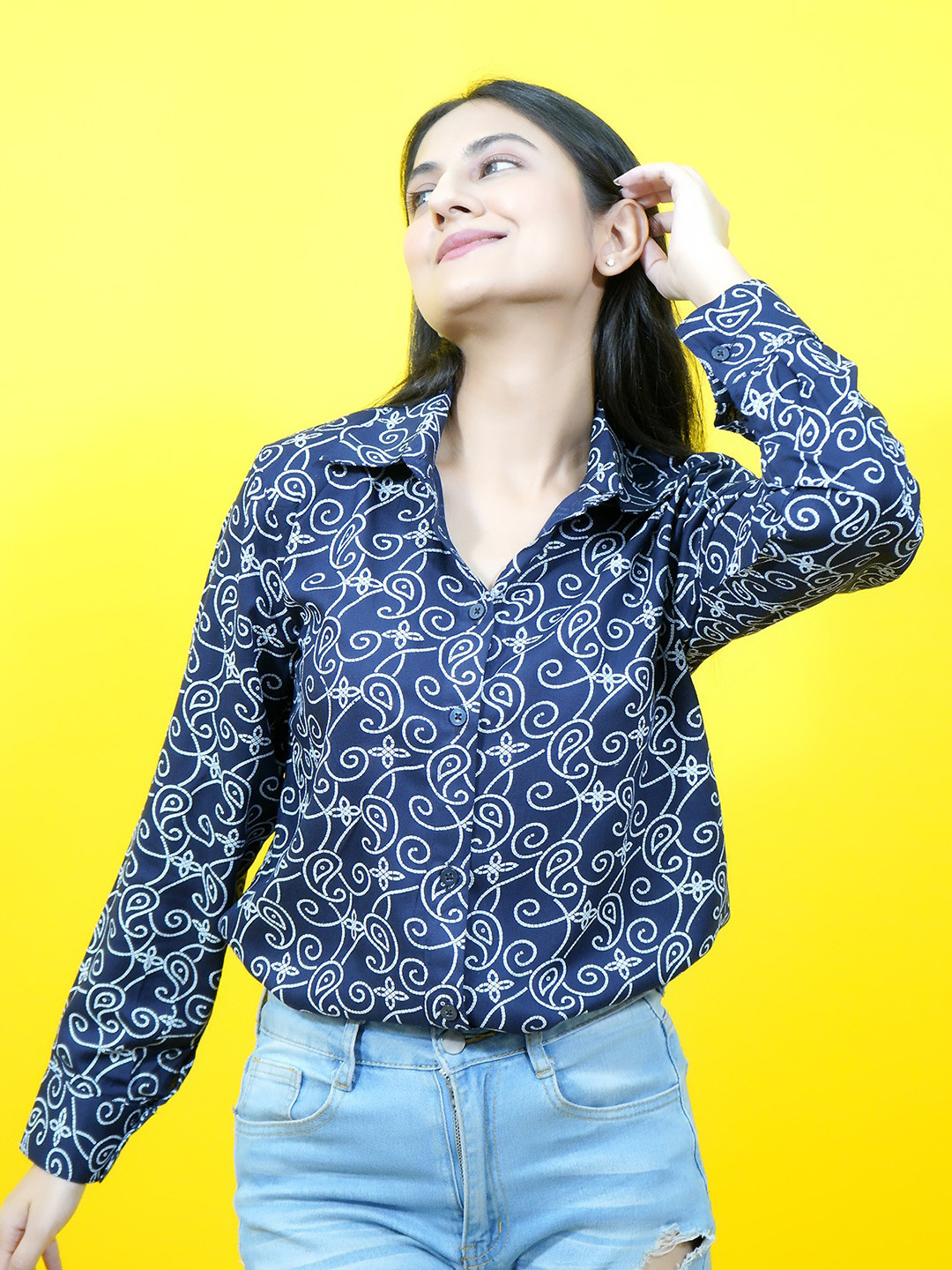 

CRAZEVILLA Women Standard Floral Opaque Printed Casual Shirt, Navy blue
