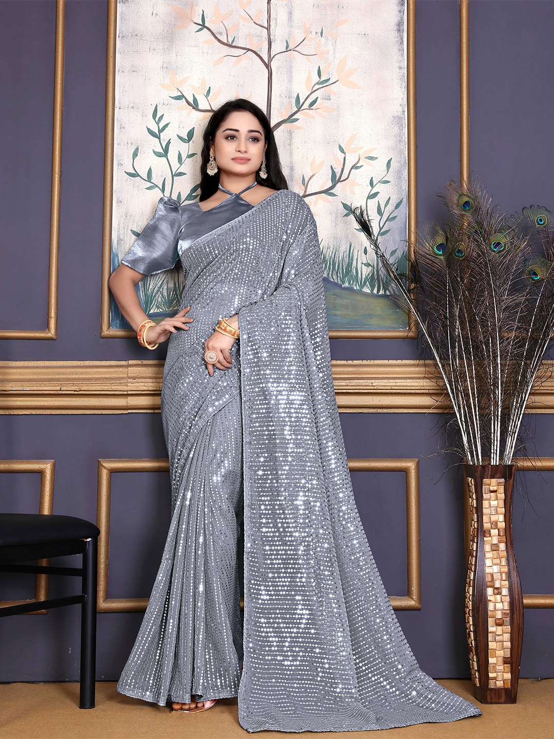 

DDRS FASHION Embellished Sequinned Pure Georgette Saree, Grey