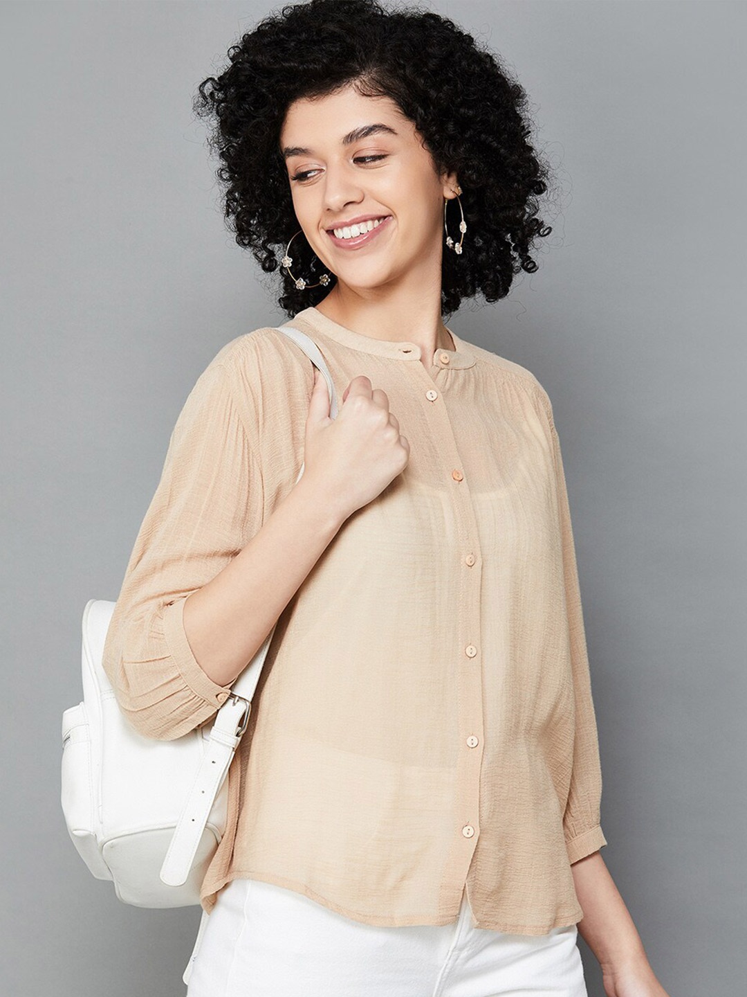 

Fame Forever by Lifestyle Solid Mandarin Collar Shirt style Top, Beige