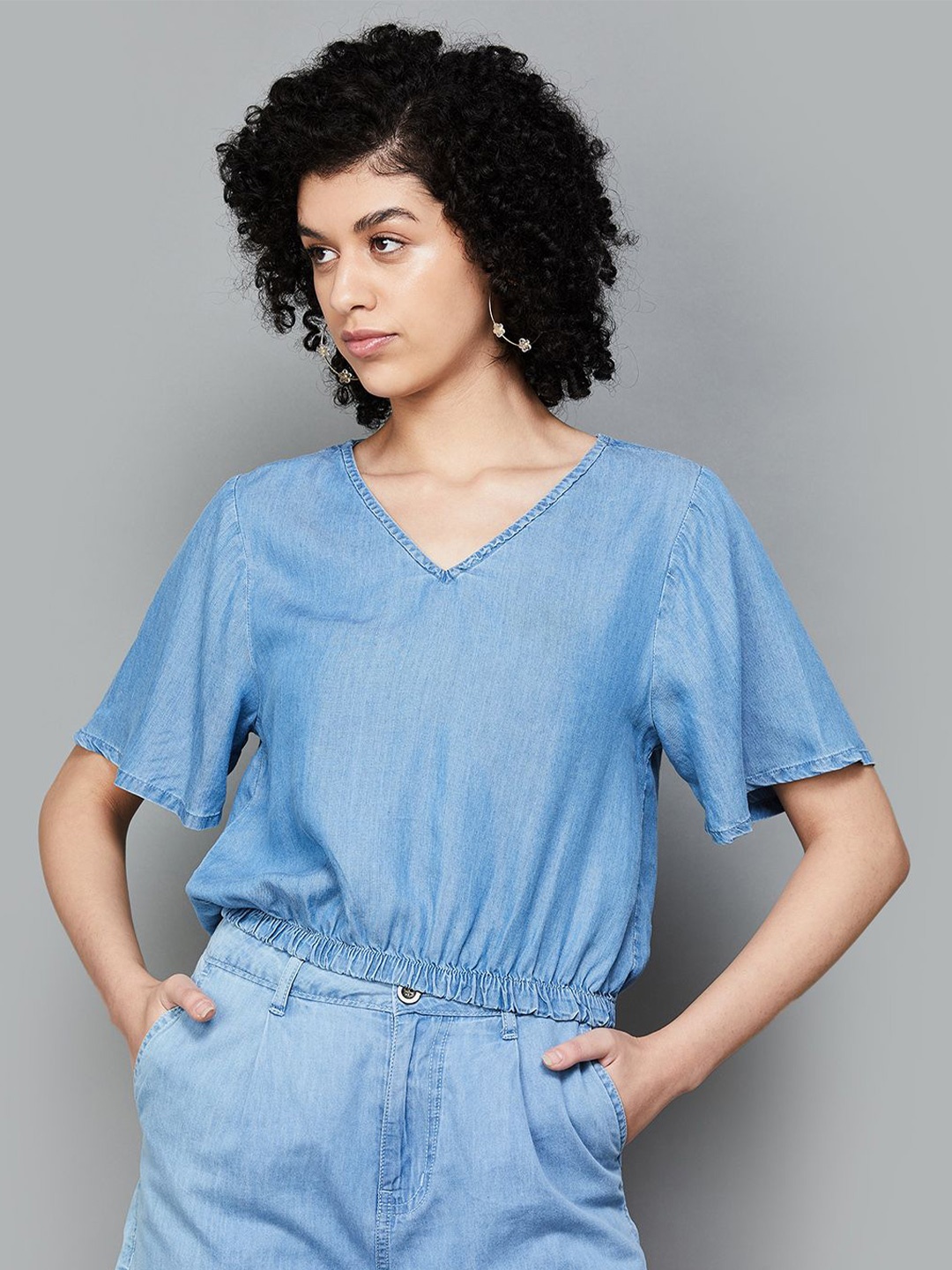 

Fame Forever by Lifestyle Flared Sleeve Cotton Cinched Waist Top, Blue