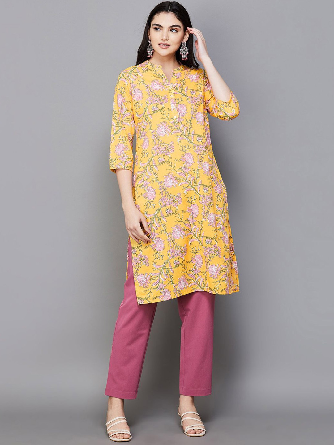 

Melange by Lifestyle Women Floral Mandarin Collar Regular Slevees Kurti, Yellow