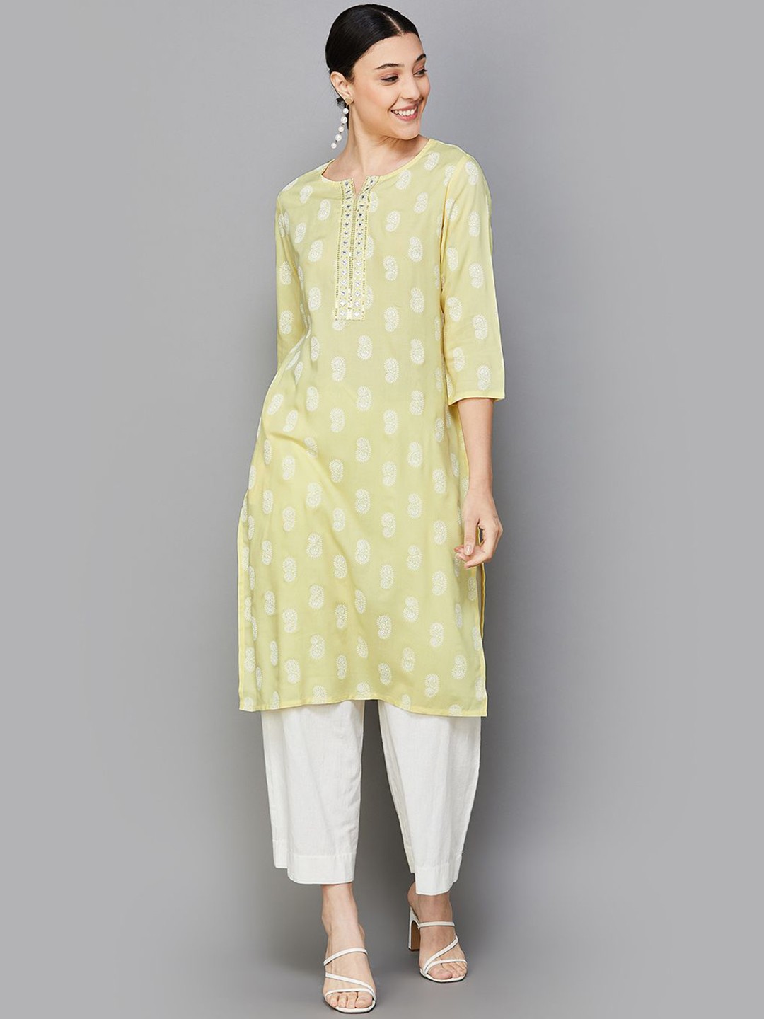 

Melange by Lifestyle Women Ethnic Motifs Woven Design Regular Slevees Kurta, Yellow
