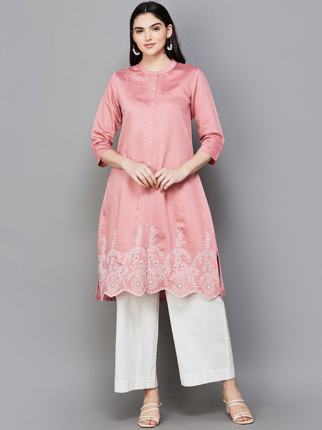 

Melange by Lifestyle Women Woven Design Band Collar Regular Slevees Kurta, Orange