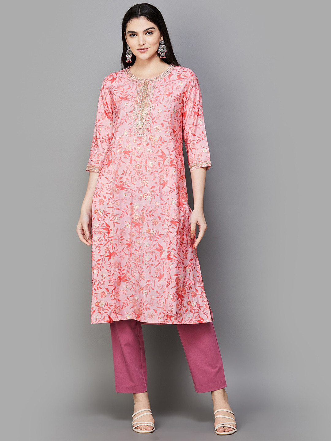 

Melange by Lifestyle Women Floral Printed A-line Kurta, Peach